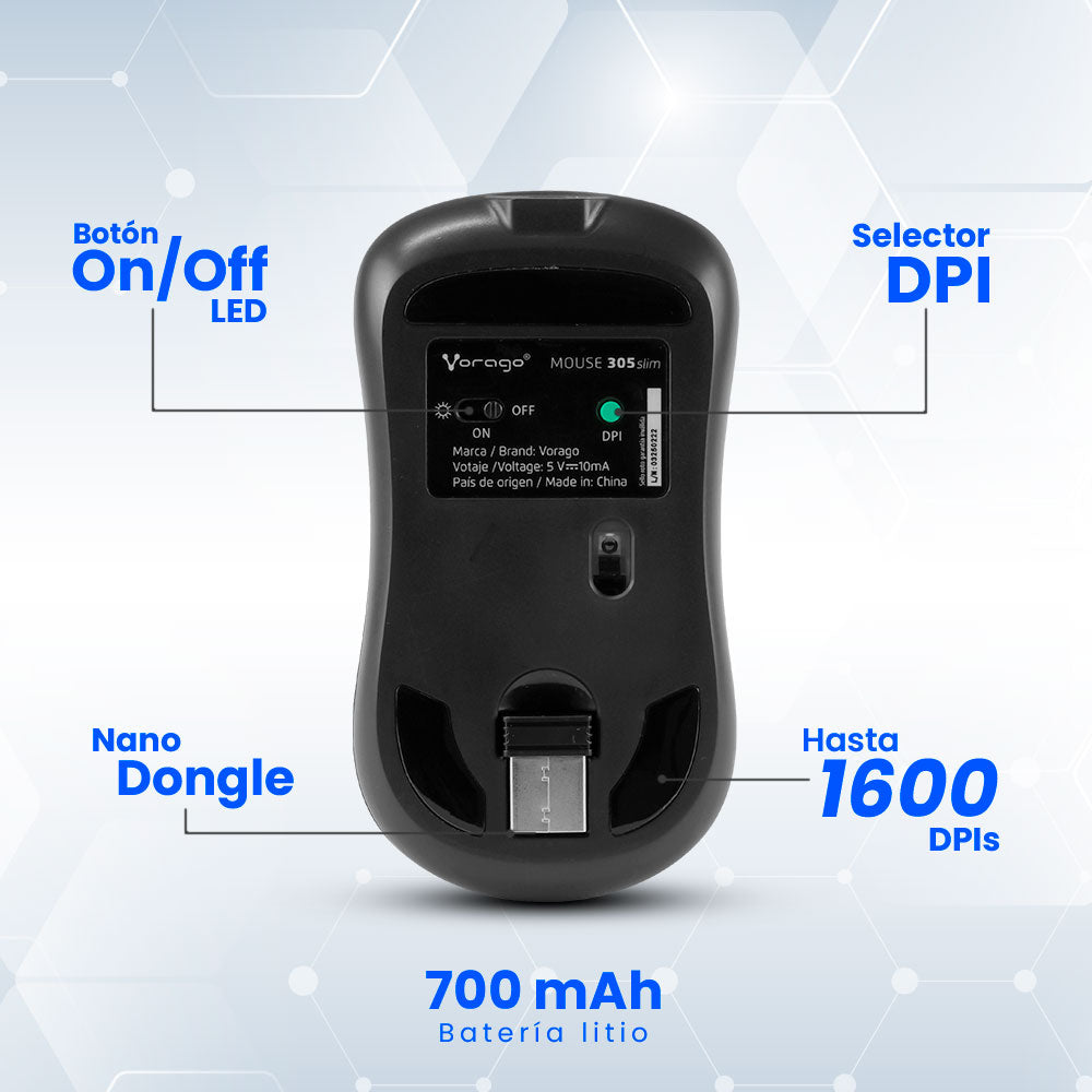 Vorago MO-305 ratón Oficina Ambidiestro RF inalámbrico Óptico 1600 DPI, Negro