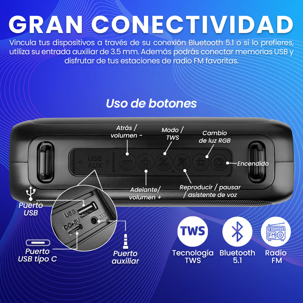 BOCINA VORAGO BSP-260 BLUETOOTH / USB / 3.5MM / LUZ RGB / TWS / 16W RMS CON HASTA 7 HRS AUTONOMIA