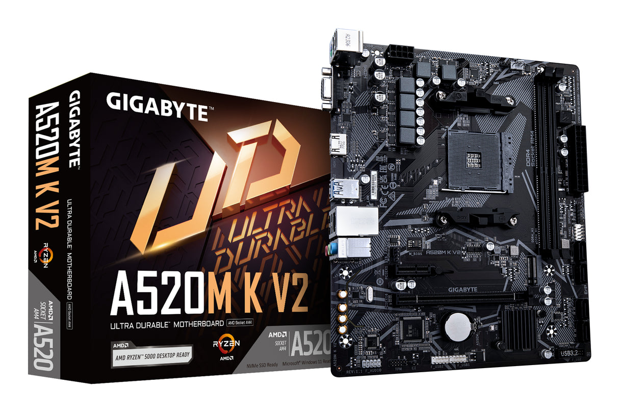 GIGABYTE Placa base A520M K V2 - Compatible con CPUs AMD Ryzen serie 5000 AM4, hasta 5100MHz DDR4 (OC), PCIe Gen3 x4 M.2, LAN GbE, USB 3.2 Gen 1 placas base AMD Zócalo AM4 Zócalo AM4 DDR4-SDRAM
