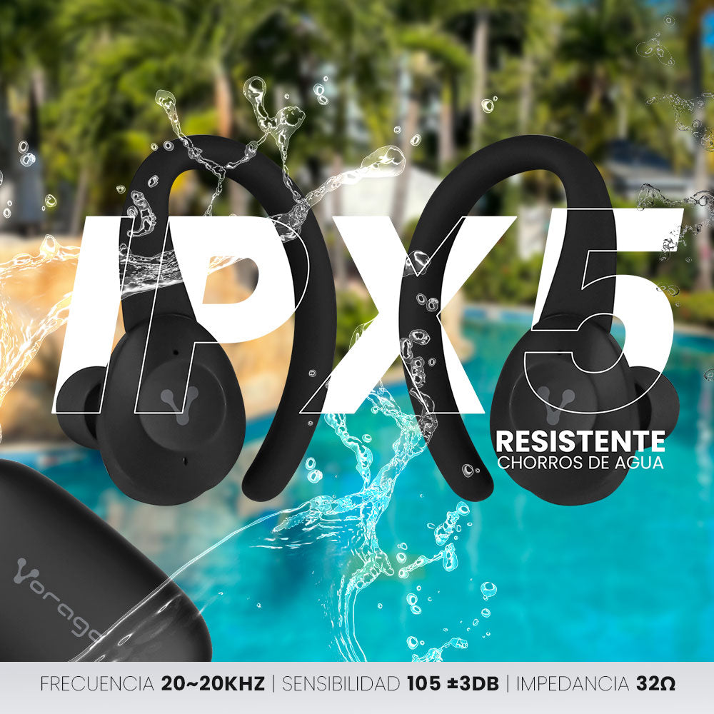 AUDÍFONOS VORAGO ESB-500-PLUS TWS BLUETOOTH 5.0 IPX5 MANOS LIBRES EARHOOKS DESMONTABLES.
