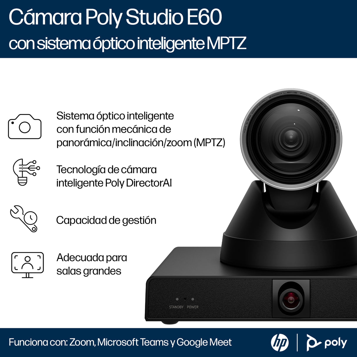HP Poly Cámara inteligente Poly Studio E60 4K con zoom óptico de 12 aumentos y MPTZ Cámaras de videoconferencia 8 MP 8 M