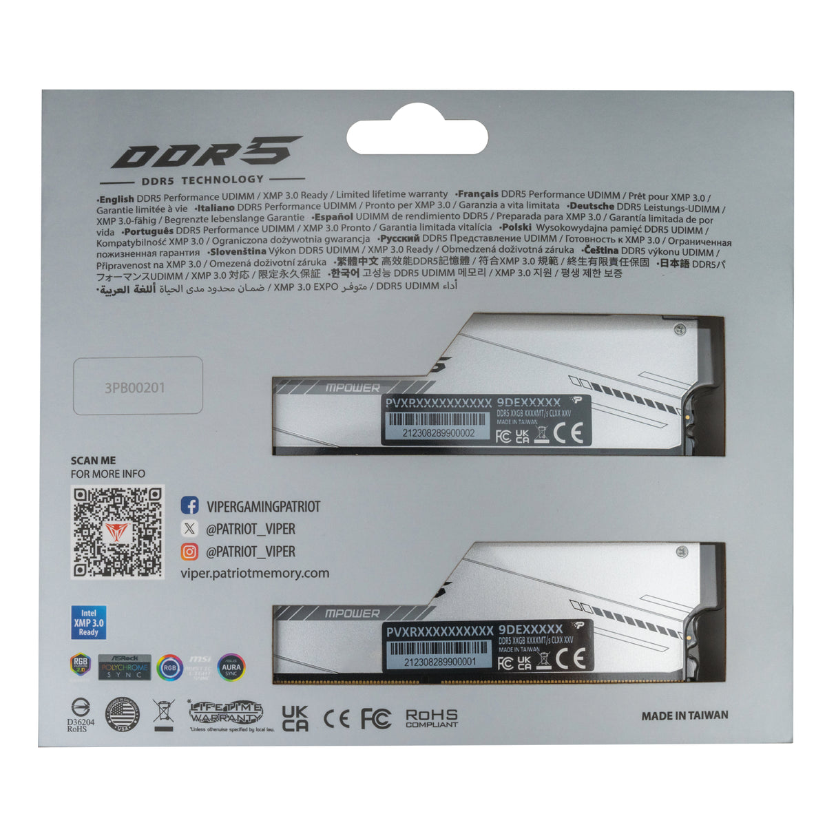 Patriot Memory Viper Xtreme 5 RGB módulo de memoria 32 GB 2 x 16 GB DDR5 6000 MT/s 288-pin DIMM ECC, Plata