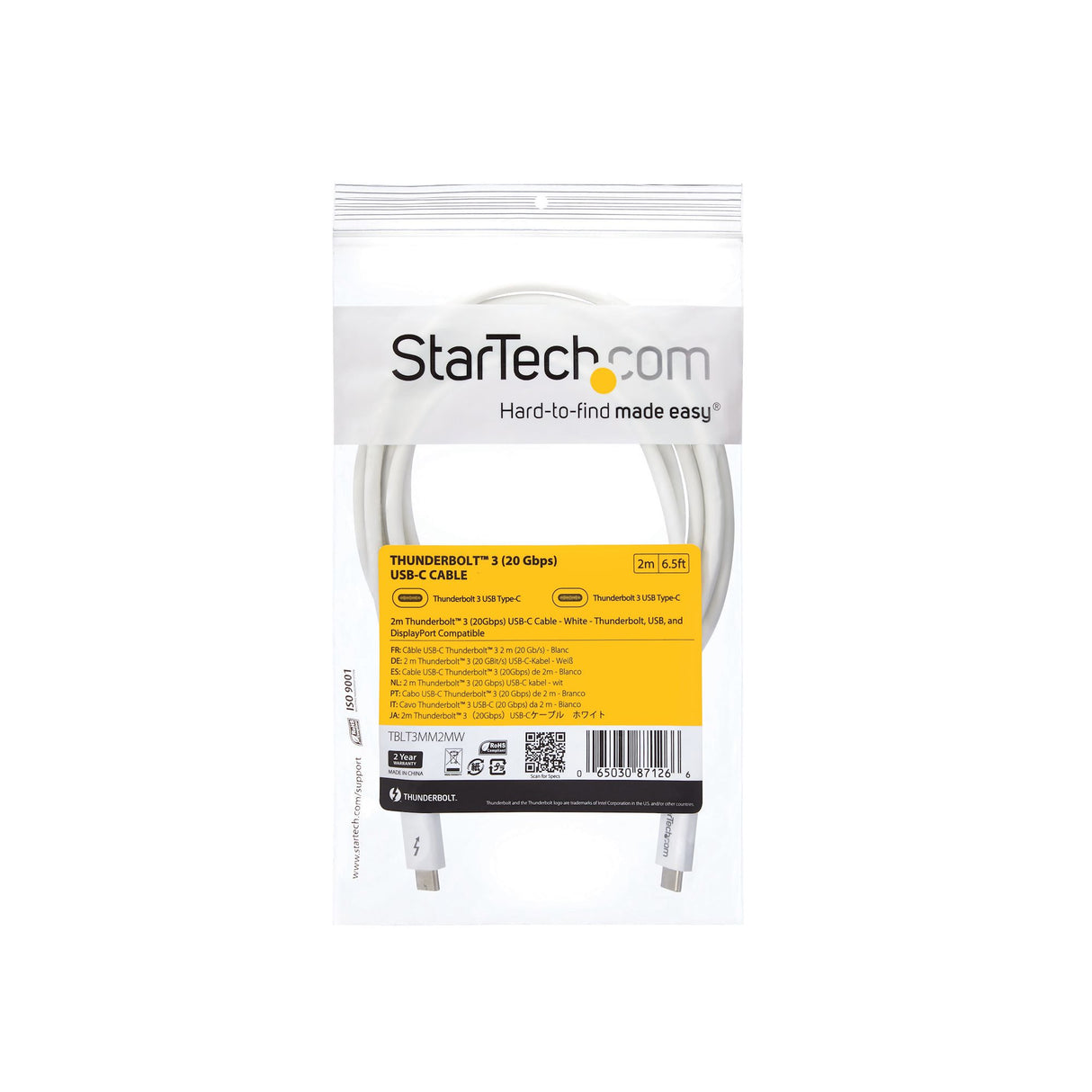 StarTech.com Cable Thunderbolt 3 Pasivo de 2m - 20Gbps - PD 100W - Vídeo 4K - Cable Thunderbolt - Certificado Thunderbolt - Compatible con USB4 / Modo Alt DP - Thunderbolt 4 - USB 3.2 - USB-C - Blanco Cable Masculino Masculino 2 m 20 Gbit/s