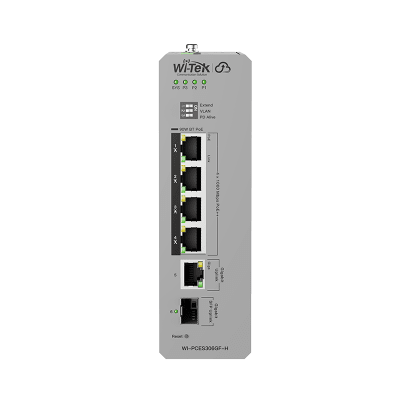 WI-PCES306GF-H - Switch Industrial PoE / 4 Puertos Gigabit PoE++ (802.3bt) 90W / 1 Puerto Gigabit + 1 SFP / Fanless / DIN-Rail / -30°C a 65°C / Presupuesto PoE 55W-300W