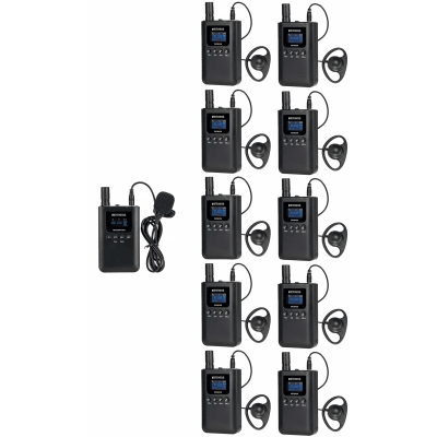 TT125 - Sistema de Guía Turístico / 2.4 GHz / 999 Canales / Alcance 150 m (492.1 ft) / 1 Transmisor y 10 Receptores / USB-C / Batería 3000 mAh