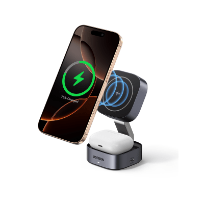 35316 - Ugreen 35316 cargador de dispositivo móvil Auriculares, Smartphone, Reloj inteligente Gris USB Cargador inalámbrico Carga rápida Interior