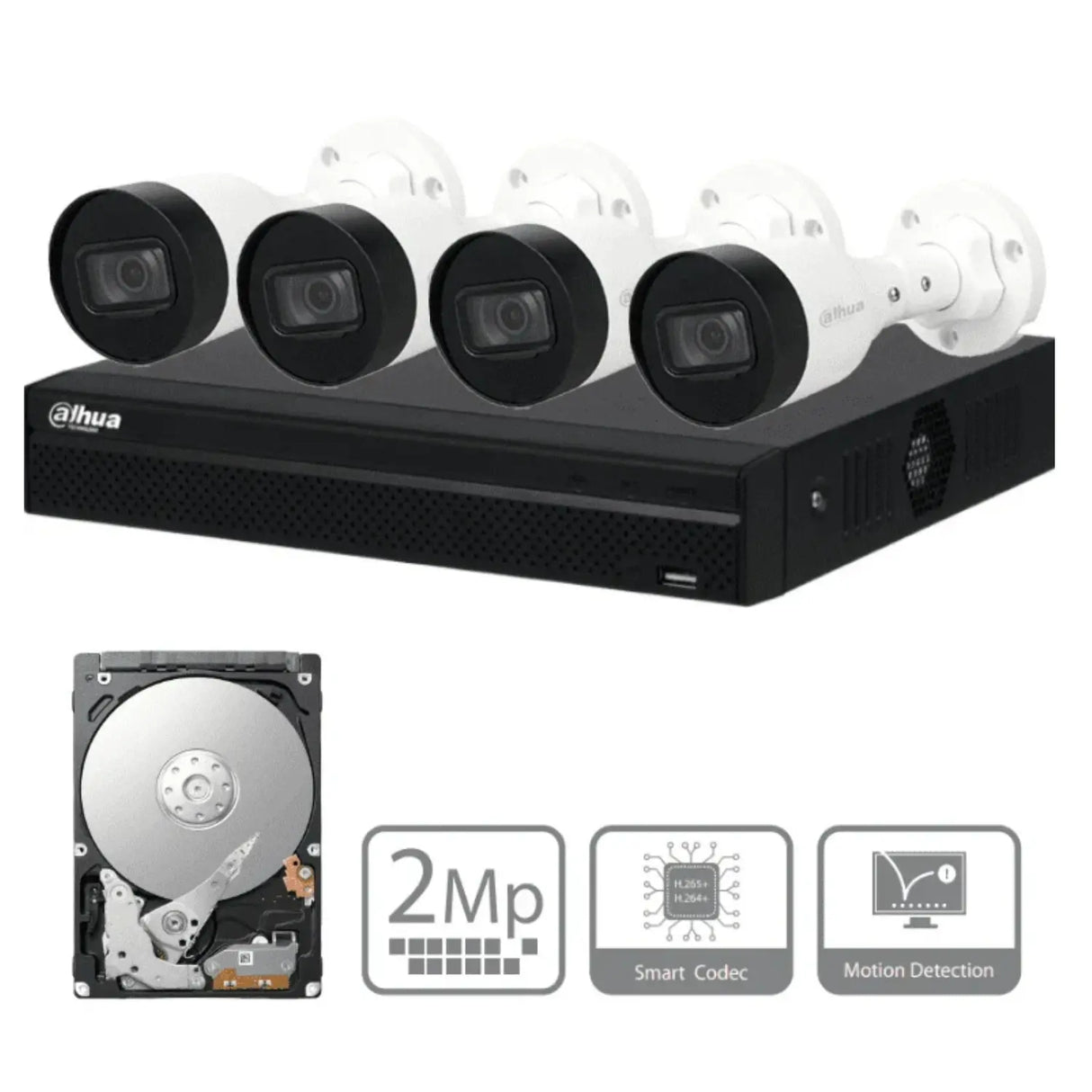 Kit IP de 4 canales con NVR con 4 puertos PoE, 1TB de almacenamiento, y 4 cámaras bullet de 2MP
