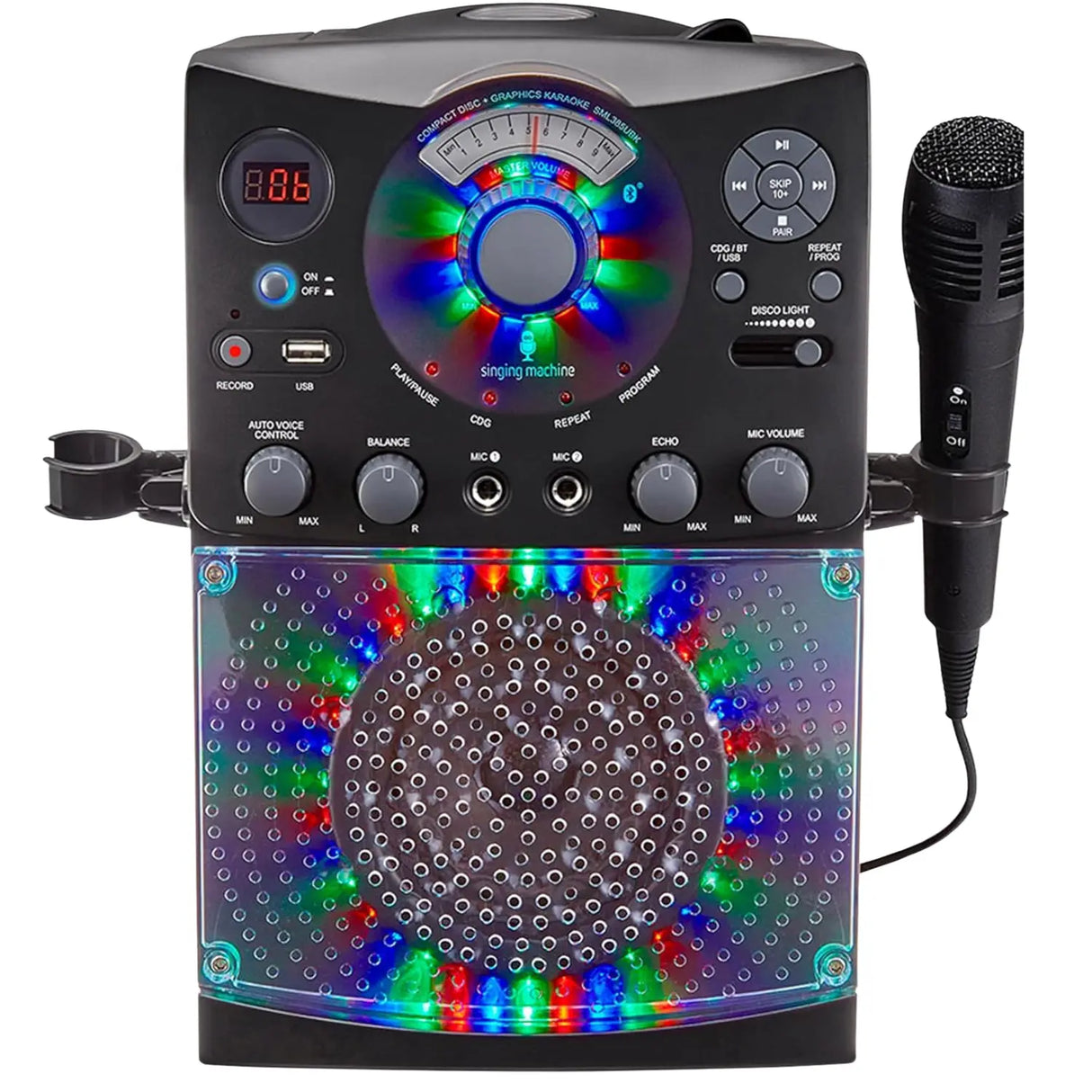 Singing Machine SML385UBK Bluetooth Karaoke System with LED Disco Lights, CD+G, USB and Microphone, Black