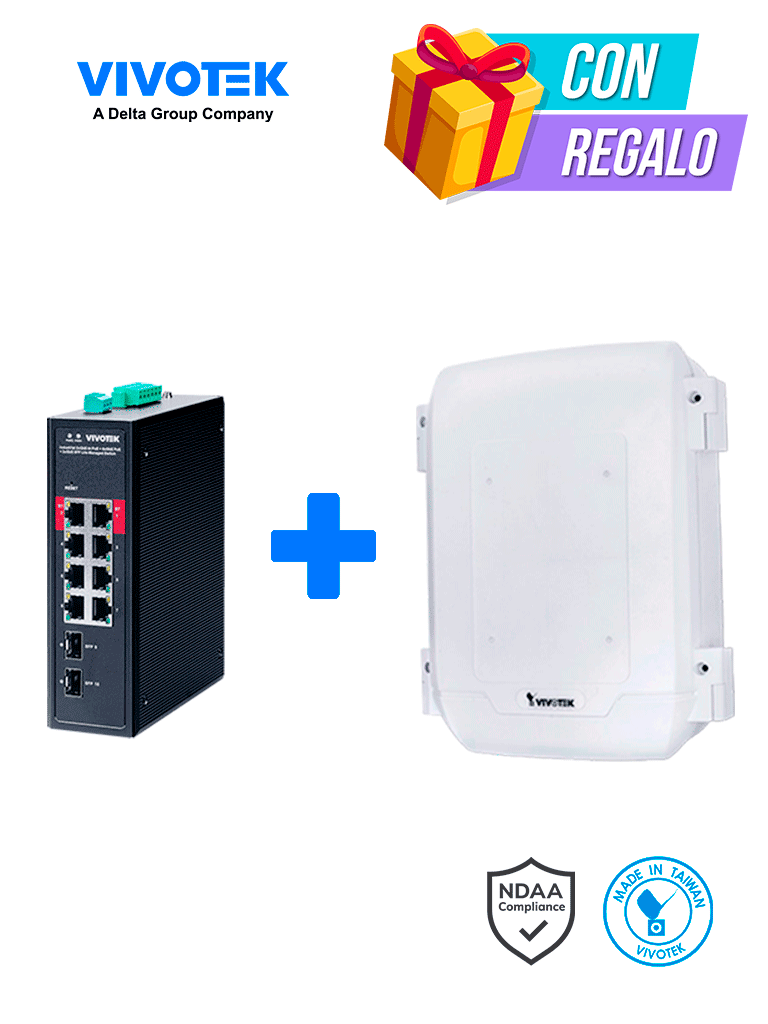 VIVOTEK AWIHB1040EXT - Switch PoE Industrial 8 puertos PoE, Administrable, 2 puertos PoE GbE 90W, 6 puertos GbE 30W, 2 puertos GbE SFP, 300W Totales, Modo PoE Extendido hasta 250 mts, 20Gbps, VLAN. Incluye gabinete para Exterior, IP66, Antivandalico IK10