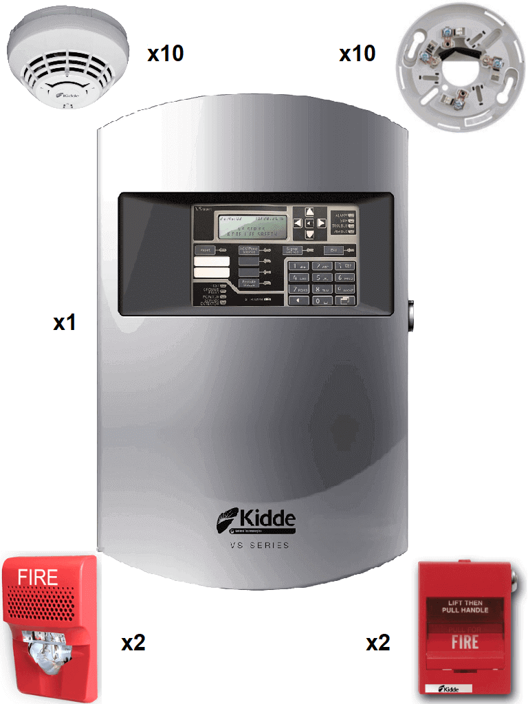 Panel Kidde F-VS1GSPKIT10 64 Dispositivos Direccionables, 10 Detectores de Humo, 2 Estaciones Manuales, 2 Sirena con Estrobo