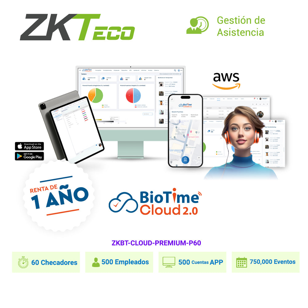 ZKTECO Licencia Asistencia Nube Biotime Cloud Premium, 60 Checadores, 500 Empleados, 750,000 Eventos