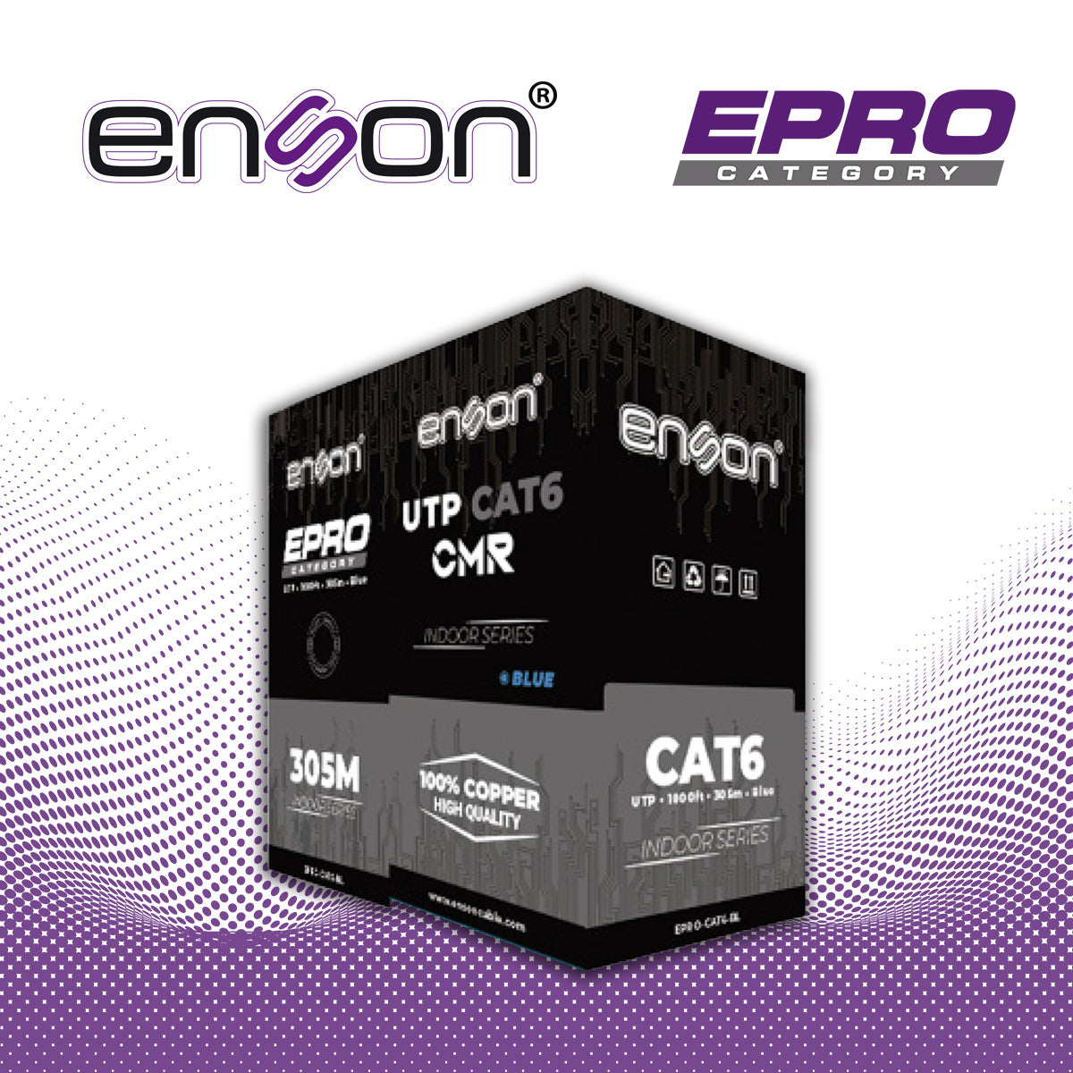 CABLE UTP CAT6 AZUL ENSON EPRO-CAT6-BL CRM / FORRO PVC / 4 PARES / CALIBRE 23 AWG / 100% COBRE / USO INTERIOR / COLOR AZUL / BOBINA 1000 PIES / 305 METROS / CERTIFICACIÓN UL