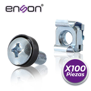 Enson Kit de Tornillos y Tuercas Enjauladas ENS-RT100, 100 Pzas, Compatible con Racks