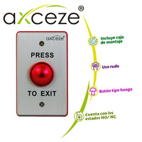 AXCEZE Botón Liberador Push Tipo Hongo AX-B70R, Aluminio, NO/NC
