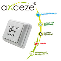 AXCEZE Botón Liberador AX-B30 Tipo Push, 69 x 69 mm, Conexión a 2 Hilos