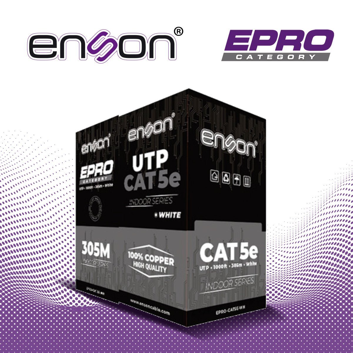 CABLE UTP CAT5E BLANCO ENSON EPRO-CAT5E-WH / FORRO PVC CM / 4 PARES / CALIBRE 24 AWG / 100% COBRE / USO INTERIOR / BOBINA 1000 PIES / 305 METROS / CERTIFICACIÓN UL