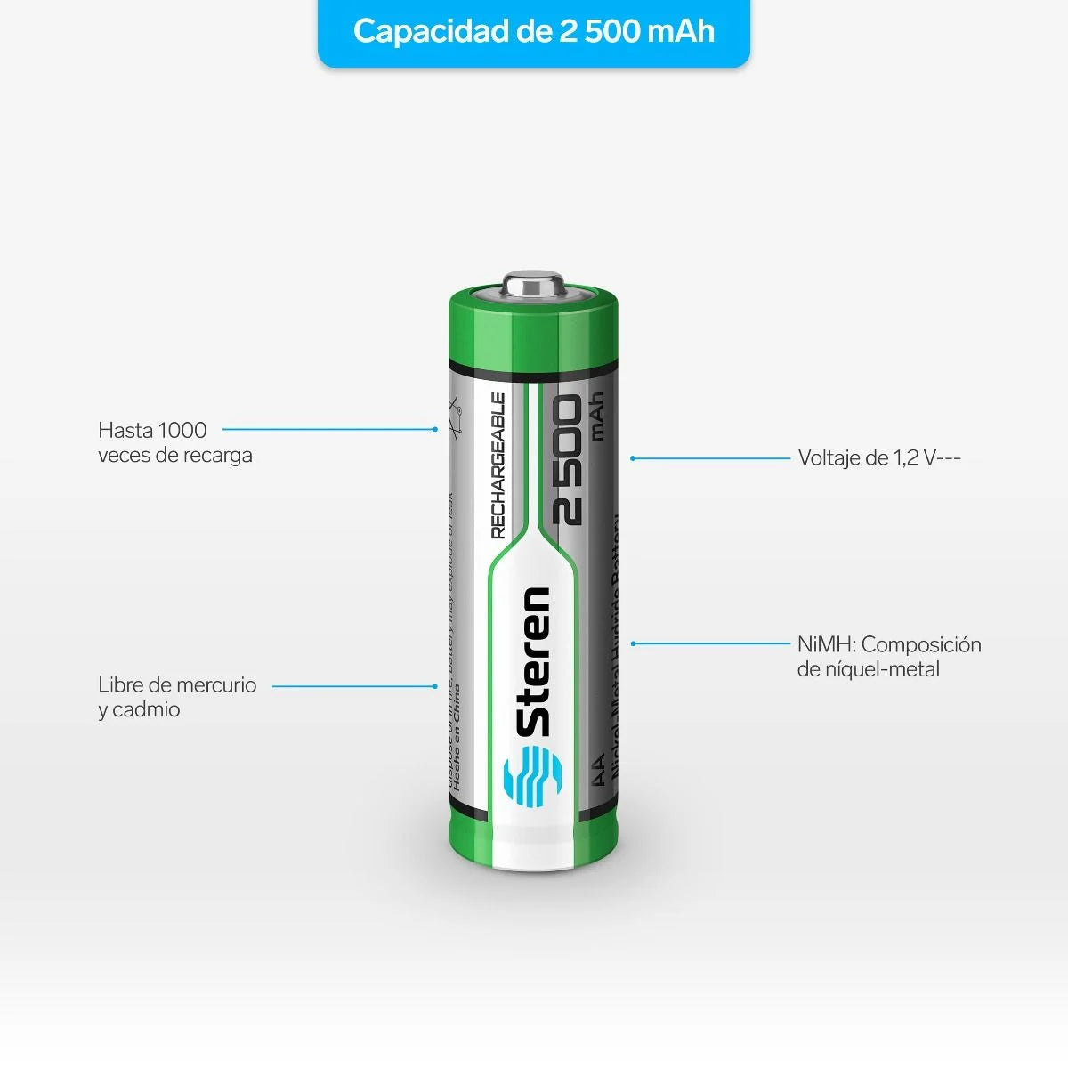 Pilas Steren Recargables Alta Capacidad Tipo Aa Nimh 2500 Mah C/4 Pzas FullOffice.com