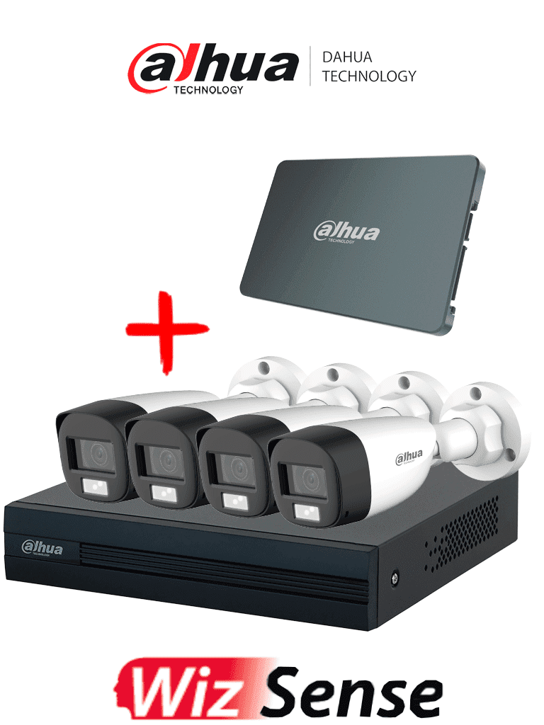 Kit Dahua XVR1B04-I SSD512G4HFW IL-A, 4 Canales, SSD 512GB, 4 Cámaras IL 2MP, Micrófono, DVR Cooper I WizSense, IA, 4CH, 1 IP, Accesorios
