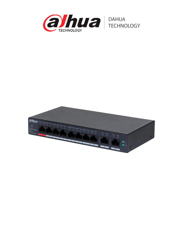 Switch Dahua DH-CS40108GT110, 10 Puertos Gigabit, 8 Puertos PoE, 2 Puertos Uplink, 110 Watts, 20 Gbps, 14.88 Mbps PoE, Watchdog, Dolynk Care