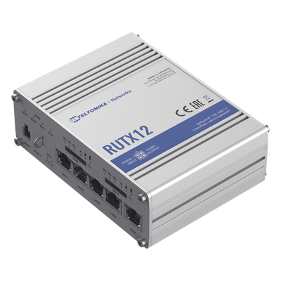 RUTX12 - Router Industrial Dual LTE Cat 6 / 600 Mbps / 5 Puertos Gigabit / WiFi 5 Doble Banda / Doble SIM / GNSS / PoE / -40°F a 167°F
