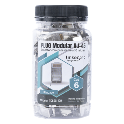 TC6SG-100 - Plug Modular RJ45 / Cat6 Blindado / Pin de Tierra / Chapado Oro 30 Micras / 23 AWG / 100 Piezas