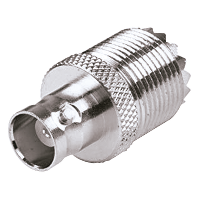 RFU-545 - Adaptador en Línea / UHF Hembra SO-239 a BNC Hembra / 50 Ohm / Níquel-Plateado / Delrin