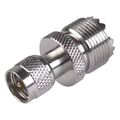 RFU-621 - Adaptador Coaxial en Línea / Mini UHF Macho a UHF Hembra (SO-239) / Cuerpo Níquel / Contacto Oro / Aislante Teflón