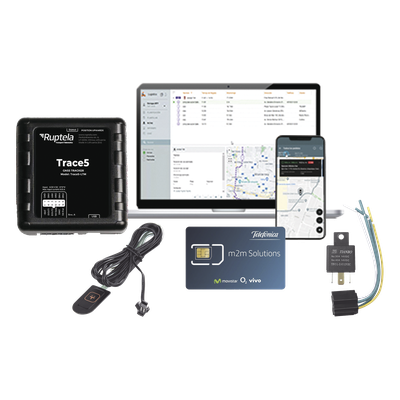 TRACE5-KIT-2 - Kit de Localizador Vehicular 2G y 4G LTE Cat M1 / Rastreo GPS / Detección de Jammer / Control de Temperatura y Combustible / Registro de Conductores / Botón de Pánico / Relay / Datos 1 Año