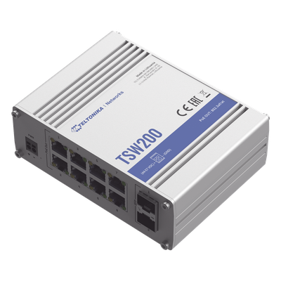 TSW200 - Switch Industrial No-Administrable / 8 Puertos Gigabit PoE+ 30W / 2 Puertos SFP / -40 a 75°C / Aluminio