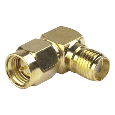 RSA-3402-1 - Adaptador RF / SMA Macho a SMA Hembra / Ángulo Recto / Cuerpo Bronce Oro / Contacto Oro / Dieléctrico Teflón