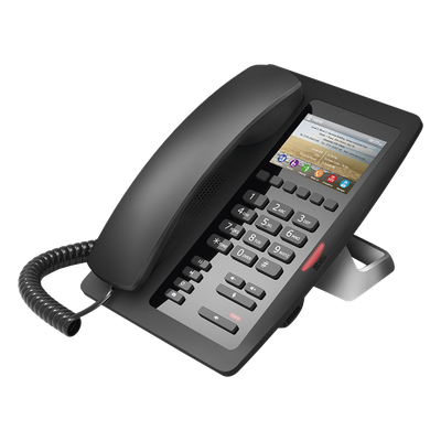 H5 - Teléfono IP Hotelero / Pantalla LCD Color 3.5" / 2 Líneas SIP / 6 Teclas Hotline / Puerto USB Carga / PoE 802.3af / Personalización Logo Hotel