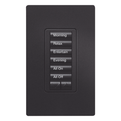 RRDHN6BRLMN - Teclado Híbrido de Pared / 6 Botones Programables / Atenuador Integrado 450 W / Control RF 431-437 MHz / Acabado Midnight
