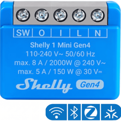 SHELLY1MINIGEN4 - Mini Interruptor Inteligente / Wi-Fi 2.4, Zigbee, Bluetooth, Matter / 1 Canal 8A / 110-240V AC / Contacto Seco / 29x35x16 mm (1.14x1.38x0.63 in)
