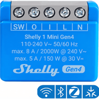 SHELLY1MINIGEN4 - Mini Interruptor Inteligente / Wi-Fi 2.4, Zigbee, Bluetooth, Matter / 1 Canal 8A / 110-240V AC / Contacto Seco / 29x35x16 mm (1.14x1.38x0.63 in)