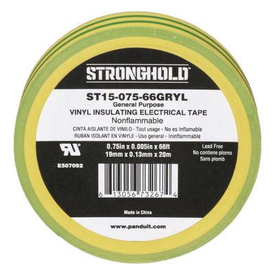 ST15-075-66-GRYL - Cinta Eléctrica de Aislamiento / PVC 0.13 mm (5 mil) / 19.05 mm x 20.12 m (66 ft) / Adhesivo a Presión / Amarillo/Verde