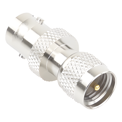 RFU-622 - Adaptador de Conector / Mini UHF Macho a BNC Hembra / Montaje en Línea / Cuerpo Bronce Niquelado / Contacto Oro / Aislante Teflón