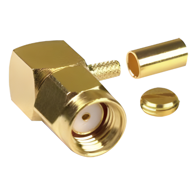 RP-3010-1B - Conector Coaxial SMA Macho Inverso / Ángulo Recto / Anillo Plegable / Compatibilidad RG-174/U y Belden 8216 / Cuerpo Bronce con Recubrimiento de Oro / Aislante Teflón