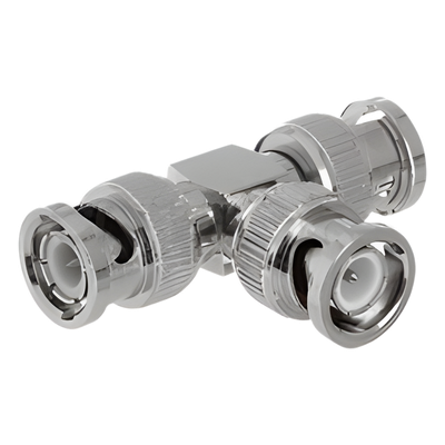 TT-RG-14 - Adaptador Coaxial Tipo T / Triple BNC Macho / 75 Ohm / RG-59 y RG-6 / Níquel y Oro / 39.9 mm de Longitud