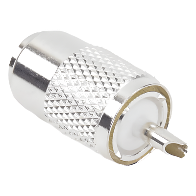 RFU-501 - Conector UHF Macho / Compatibilidad RG-8/U y Derivados / Aislante de Teflón / Cuerpo de Bronce Plateado / Rosca Especial