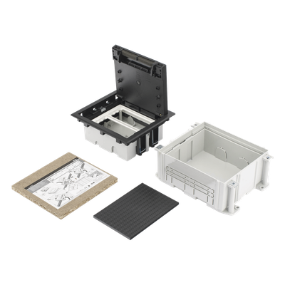 SM-CPAV-2 - Caja de Suelo / 2 Módulos Dobles K45 / Profundidad Ajustable 70-100 mm (2.76-3.94 in) / Carga 1400 kg / Resistencia Térmica 125 °C / Antillama 850 °C / Registro para Concreto