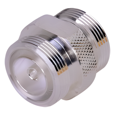RFD-1653-2 - Adaptador Barril / DIN 7-16 Hembra a Hembra / Cuerpo Bronce Plateado / Aislante Teflón / Montaje en Línea