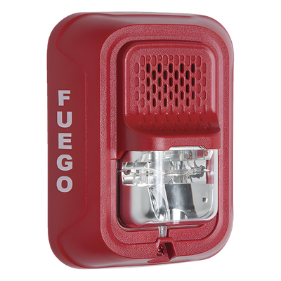 P2RL-SP - Sirena con estroboscopio / 2 hilos / 12-24 Vcd / candela 15 a 185 seleccionable / rojo con leyenda FUEGO / Serie L