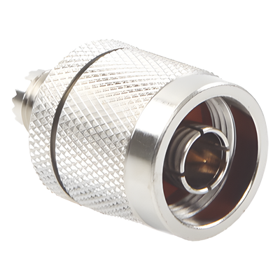 RFU-625 - Adaptador Coaxial en Línea / Mini UHF Hembra a N Macho / Cuerpo Bronce Niquelado / Contacto Oro / Aislante Teflón