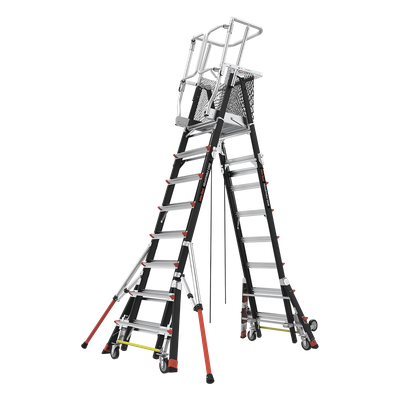 CAGE8FTR - Escalera de Fibra de Vidrio con Jaula / Ajuste de Altura 8' a 14' (2.44 a 4.27 m) / Carga Máxima 170 kg (375 lb) / Nivelación en Ruedas Ratchet™ / Peso 58.5 kg (129 lb)