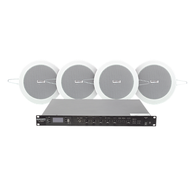 SF120DTB/4CS - Kit de Sonido Ambiental / Amplificador 120W RMS / 4 Altavoces de 4in / Sistema 70/100V / Bluetooth y MP3 / Falso Techo