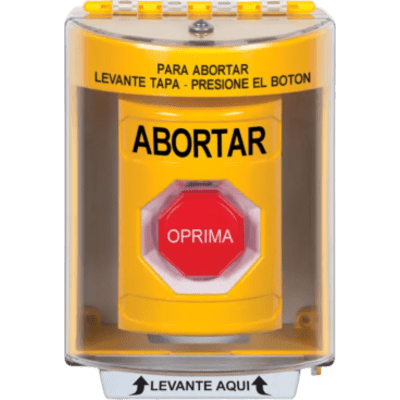 SS2274ABES - Botón de Abortar, Texto en Español, Tapa Protectora de Policarbonato Súper Resistente, Momentáneo