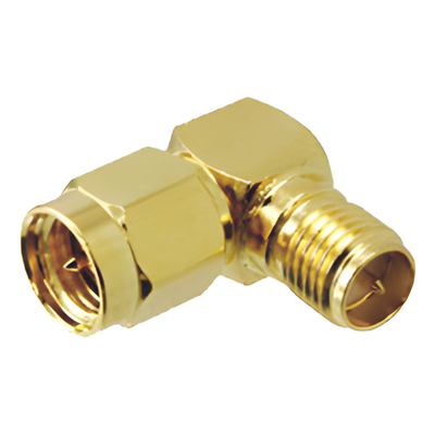 ACX2219-ND - Adaptador en Ángulo Recto / SMA Macho a SMA Hembra Inverso / Cuerpo Bronce Oro / Contacto Oro / Aislante Teflón