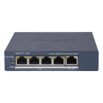 DS-3E1505P-EI/M - Switch PoE+ Gigabit / 4 Puertos PoE+ / 1 Puerto Uplink / Monitoreable / Alcance Extendido 300 m (984.3 ft) / 45 W / Gestión Cloud
