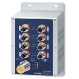 Switch Industrial IP67 8 Puertos 10/100TX M12 / IEEE 802.3at PoE+ / 180W PoE Budget / -40~75°C / Aluminio / DIN-Rail y Montaje en Pared /  Protección ESD y Sobretensiones de 6KV