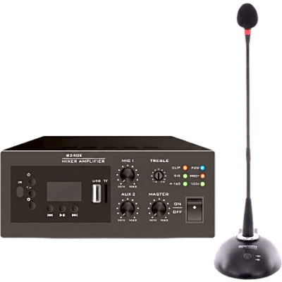 EPB240E/MIC - Kit Amplificador y Micrófono / 240W / Salida 4~16Ω o 100V / Bluetooth FM MP3 USB / Phantom 48V / Micrófono Cuello de Ganso Cardioide